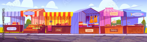 Outdoor market stalls, fair booths, wooden kiosks with striped awning, clothes and food products. Wood vendor counters with sunshade for street trading, city retail places, cartoon vector illustration