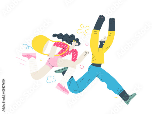 Discounts, sale, promotion - modern flat vector concept illustration of a woman and a man running in the pursuit of the discounts, with a big percent sign on the background