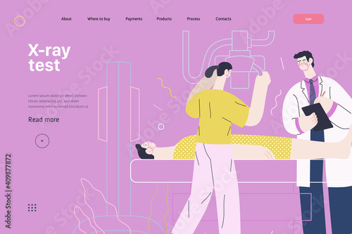 Medical tests template - x-ray test - modern flat vector concept digital illustration of x-ray procedure - a patient and doctors with a x-ray machine, medical office or laboratory