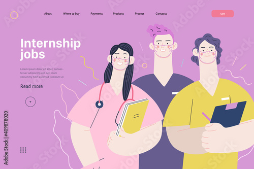 Medical insurance -internship jobs -modern flat vector concept digital illustration - young medical specialists standing together, team of interns concept, medical office or laboratory