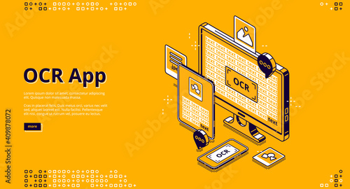 OCR app banner. Optical character recognition online service for scan and digitalisation text from paper document and image. Vector landing page with isometric smartphone, tablet and computer photo