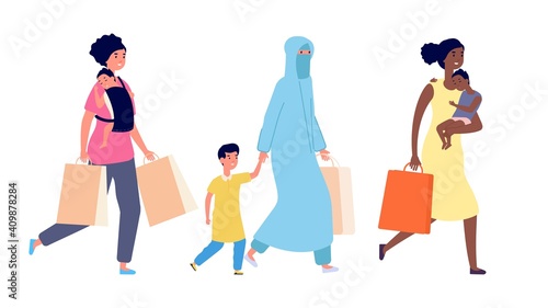 Shopping woman. Different nationality women with kids go with shop bags. Motherhood, international friendship, american arabian mothers vector characters. Mother woman shopping with bags illustration