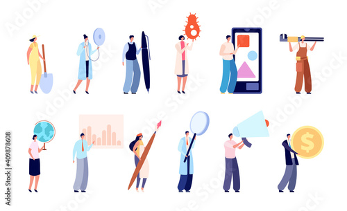 Diverse service characters. Business people, education media science workers. Tiny persons hold megaphone brush coin vector set. Doctor and teacher, builder and nurse, medical profession illustration