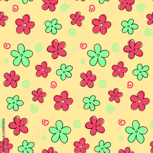 Vector doodle flowers on yellow 
background seamless pattern. Cute floral print for design, textile, fabric, wrapping paper, wallpaper and decoration.