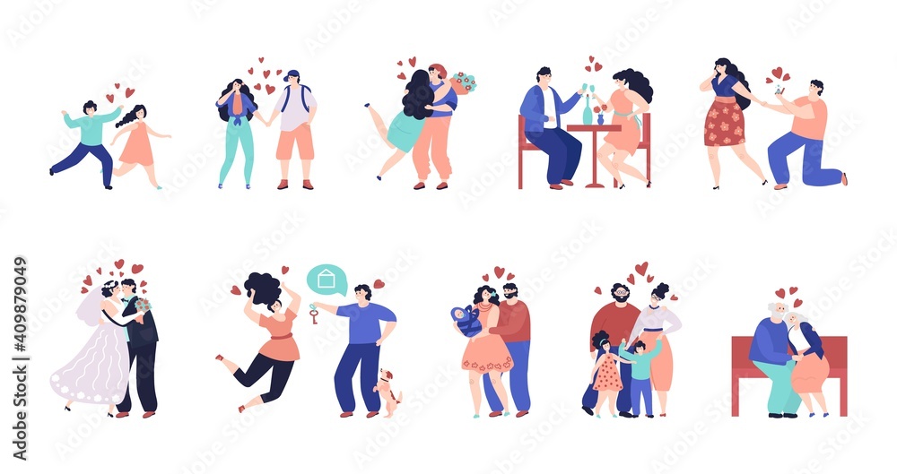 Family stages. Happy children, young people planning child. Ages couples, parents relationships marriage newborn decent vector set. Illustration happy family, boy and girl, grandmother and grandfather