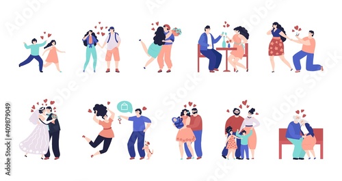 Family stages. Happy children, young people planning child. Ages couples, parents relationships marriage newborn decent vector set. Illustration happy family, boy and girl, grandmother and grandfather