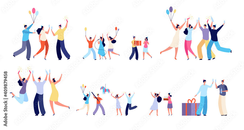 Diverse party characters. Fun festival people, laughing dance jumping young woman man. Isolated flat birthday children fest utter vector set. Illustration party diversity, woman and man together Diverse party characters. Fun festival people, laughing dance jumping young woman man. Isolated flat birthday children fest utter vector set. Illustration party diversity, woman and man together