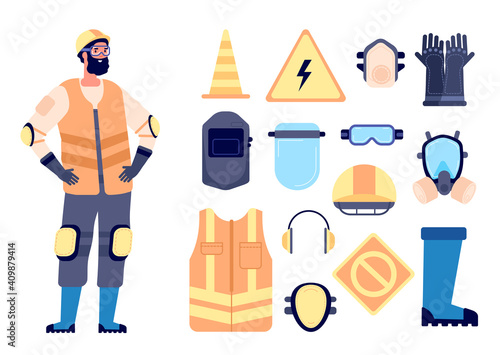 Builder safety equipment. Construction worker, protection and work gear. Man in vest glasses helmet, personal health utter vector concept. Builder worker, work safety and helmet illustration
