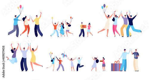 Diverse party characters. Fun festival people  laughing dance jumping young woman man. Isolated flat birthday children fest utter vector set. Illustration party diversity  woman and man together
