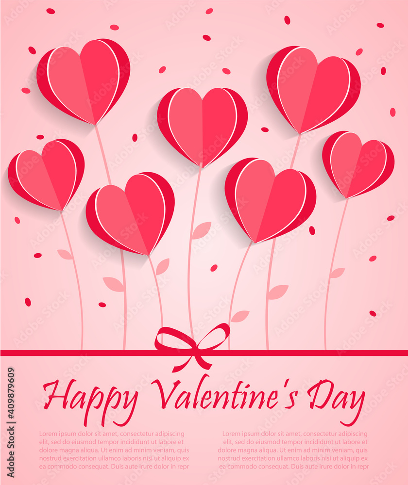 Happy Valentines Day card with paper hearts flowers, falling confetti and copy space, vector illustration