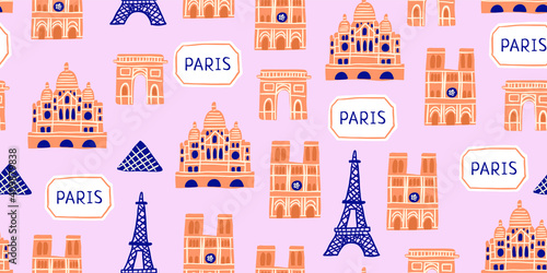 Vector seamless pattern with Parisian landmarks, parisian sign, trees on pink background. Tourist pattern with french landmarks. 