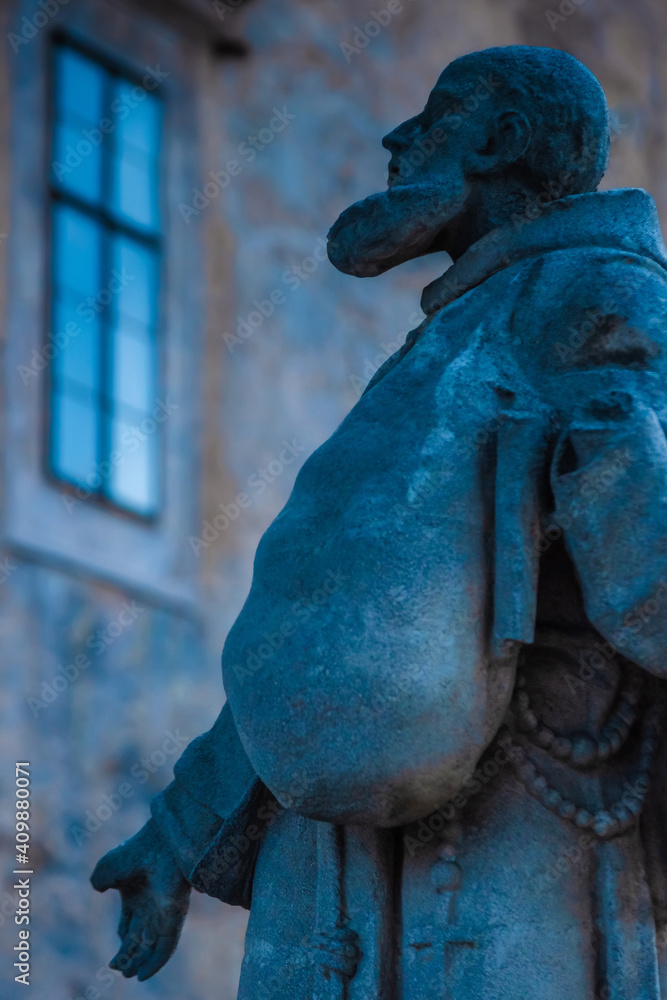 Evening view of stone monument in Cesky Krumlov castle