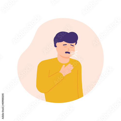 a man experiences shortness of breath or asthma. hands holding the chest and difficulty breathing. expression of a person whose chest is sick or unwell. flat style. vector design element