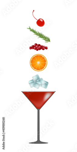 Alcoholic red cocktail cosmopolitan glass and ingredients: ice, orange, cranberry, rosemary, maraschino cherry. Vertical vector illustration