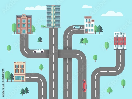 Children road map. Suburb or city, urbanization concept. Top view highway to buildings, car driving to home flat vector illustration. Road traffic and suburb area, architecture and street
