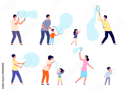 Kids play with bubbles. Children summer activity, adult blowing soap bubble. Modern party show, child fun outdoor game utter vector characters. Illustration play child, blowing soap ball