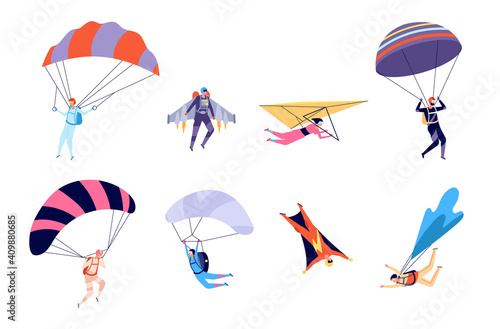 Extreme sports. Recreation, parachute sportsman jumps. Active hobbies, people on gliders paraglider flying, skydive utter vector characters. Skydiving and paratrooper sports, activity fly illustration