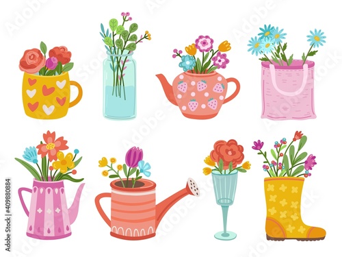 Wild garden bouquets. Wildflowers, herbs bunch in vases. Floral branch decoration, isolated meadow blooming plants exact vector collection. Illustration spring floral leaf, flower romantic decoration