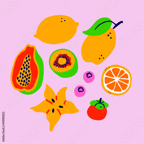 Vector illustration of tropical fruits isolated on pink background. Tropical tasty illustration for t shirt, textile, print. Passion fruit, lemon, citrus fruits, orange, litchi, berry. Exotic fruits