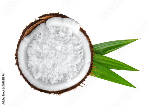 Coconuts with coconuts flakes. Cocos white. Coconut with pandan leaves isolate on white background.