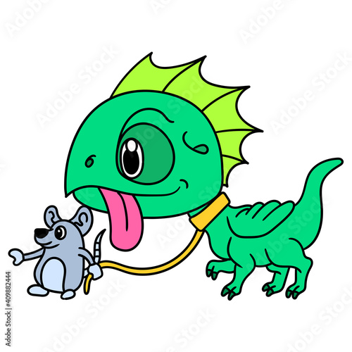 a mouse walking with his pet a dinosaur, doodle icon image kawaii