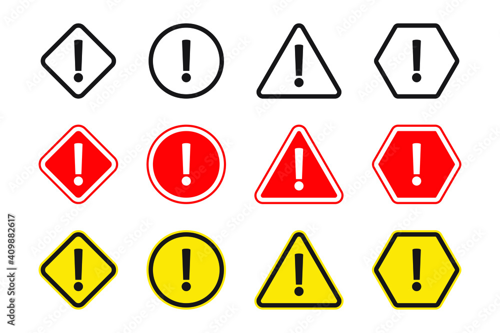 Set warning sign, alert icon. Danger warning attention sign. Vector illustration isolated on white background. Set warning sign, alert icon. Danger warning attention sign. Vector illustration isolated on white background.