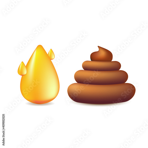 Cute orange urine pee drop and poop icons isolated on white background. Pile of poo and urine sticker set