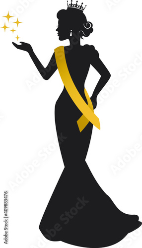 graceful silhouette of a beautiful woman in a crown, a sweater's ribbon and a long dress at a beauty pageant  photo