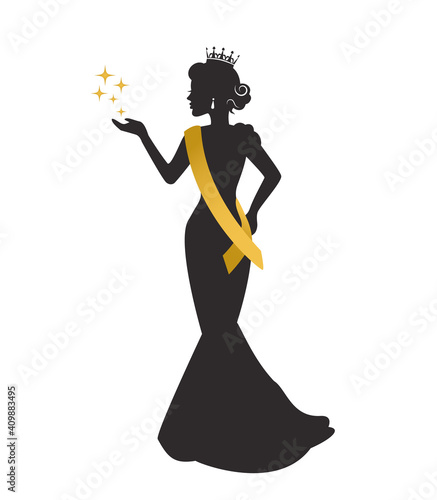 graceful silhouette of a beautiful woman in a crown, a sweater's ribbon and a long dress at a beauty pageant 