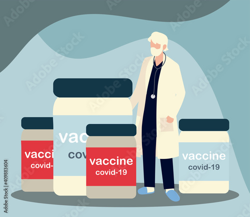 senior male doctor with vial bottles covid 19 vaccine