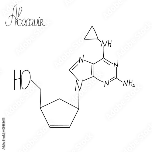 Chemical formula Abacavir. Antiretroviral drugs.Formula of an antiviral agent for the treatment of HIV from the class of nucleoside reverse transcriptase inhibitors. Vector illustration on white. 