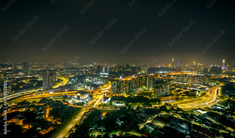 Night aerial view of modern cityscape in kuala lumpur malaysia.