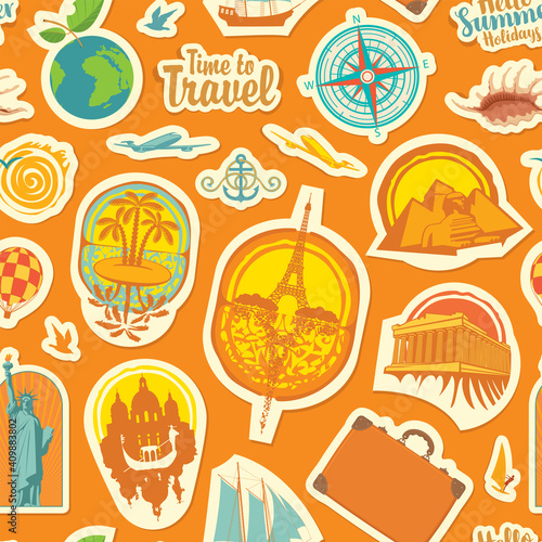 Seamless pattern on the theme of travel and vacations. Repeating vector background with stickers or magnets from various countries on an orange backdrop in retro style
