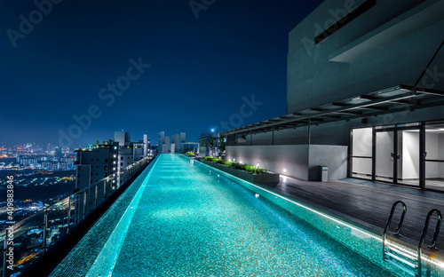 Kuala Lumpur. The City Of Malaysia. 13 November 2020. Luxury Condo at Desa Petaling.  Skylounge infinity pool on rooftop with beutiful cityscape night view. photo
