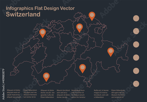 Infographics Switzerland map outline, flat design, color blue orange vector
