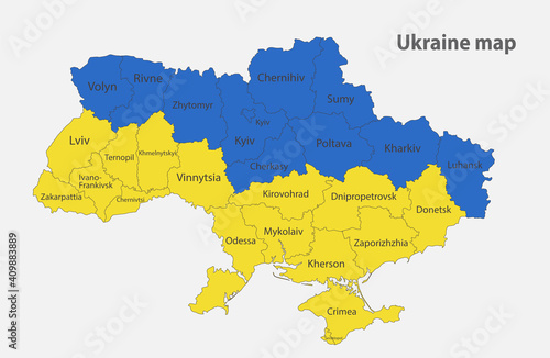 Map of the Ukraine in the colors of the flag, administrative divisions vector