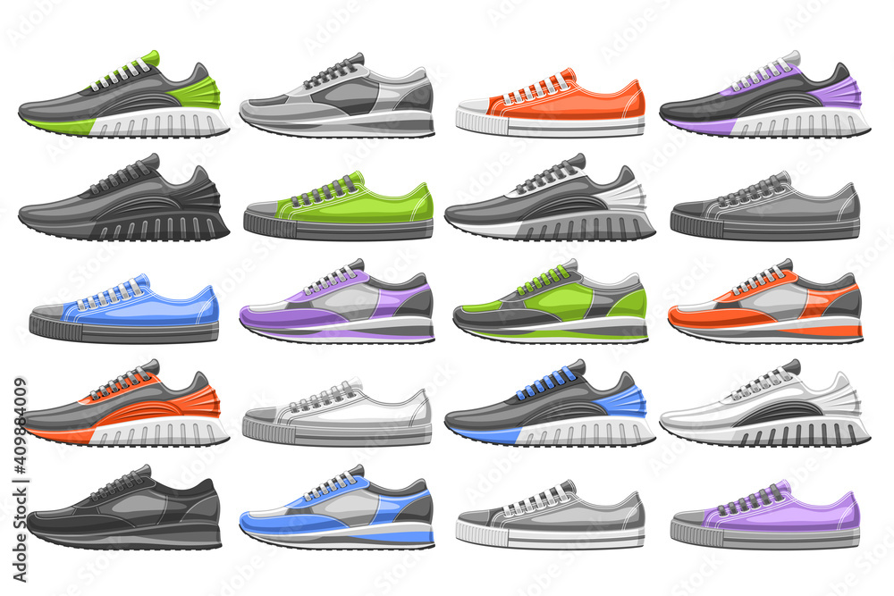 Vector Sneakers Set, 20 cut out illustrations of different multi colored, black and white football and soccer sneakers, group of many boys and girls diverse sneakers for sporting goods store display. Vector Sneakers Set, 20 cut out illustrations of different multi colored, black and white football and soccer sneakers, group of many boys and girls diverse sneakers for sporting goods store display.