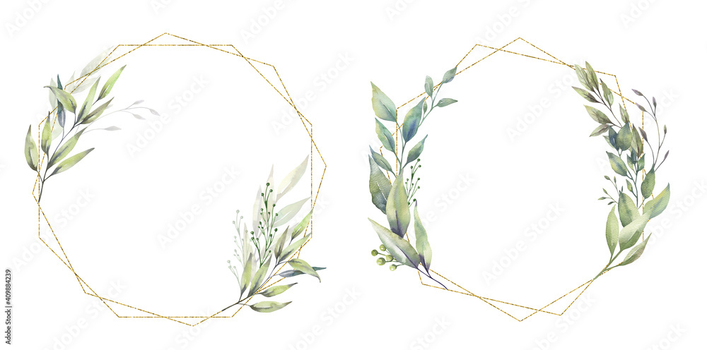 Watercolor floral illustration set - green leaf Frame collection, for ...