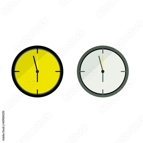 two fancy minimalistic wall clocks, created in flat, logo, with yellow and white clockface, business clock, design element