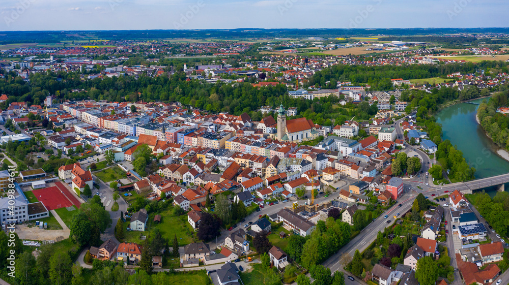 Aerial view of the old tow of the city Mühldorf in Germany, Bavaria on a sunny spring day afternoon.	
