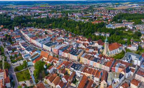 Aerial view of the old tow of the city Mühldorf in Germany, Bavaria on a sunny spring day afternoon. 