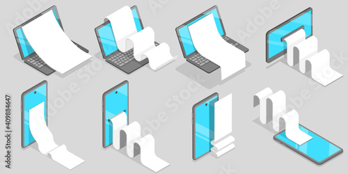 3D Isometric Flat Vector Conceptual Illustration of Bill Payment  Online Banking  Template of Receipts in Front of Mobile Phone  Laptop and Computer Monitor.