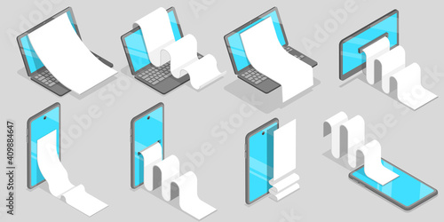 3D Isometric Flat Vector Conceptual Illustration of Bill Payment, Online Banking, Template of Receipts in Front of Mobile Phone, Laptop and Computer Monitor.