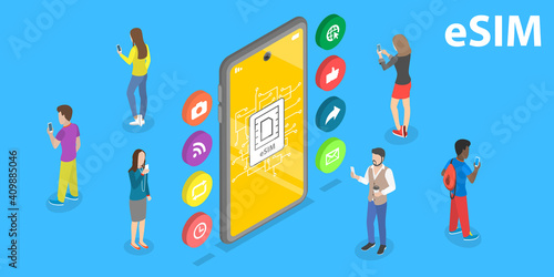 3D Isometric Flat Vector Conceptual Illustration of eSIM Card, Embedded Universal Integrated Circuit Card.