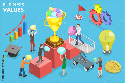 3D Isometric Flat Vector Conceptual Illustration of Business Values, Company Core Principles.