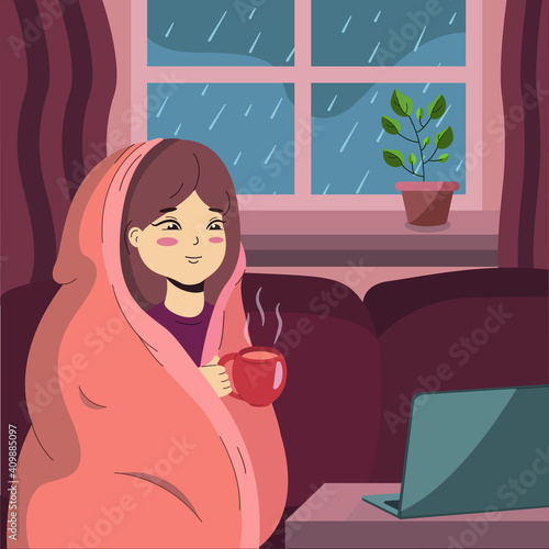 Cute girl warming up with blanket and cup of tea or coffee when it rains outside the window. Woman sits on couch and looking on laptop some movie or news. Autumn vector illustration.