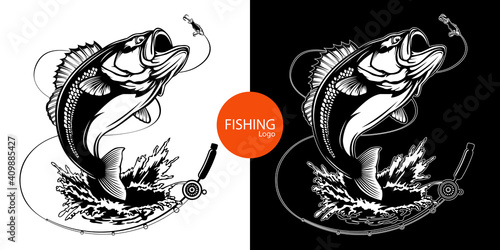 Fishing bass logo. Bass fish with rod club emblem. Fishing theme illustration. Fish Isolated on white.