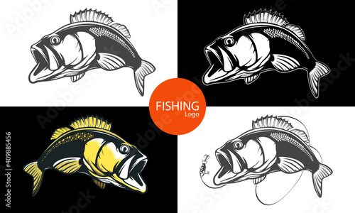 Fishing bass logo. Bass fish with rod club emblem. Fishing theme illustration. Fish Isolated on white.