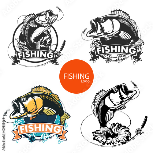 Fishing bass logo. Bass fish with rod club emblem. Fishing theme illustration. Fish Isolated on white.