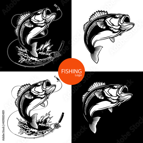 Fishing bass logo. Bass fish with rod club emblem. Fishing theme illustration. Fish Isolated on white.